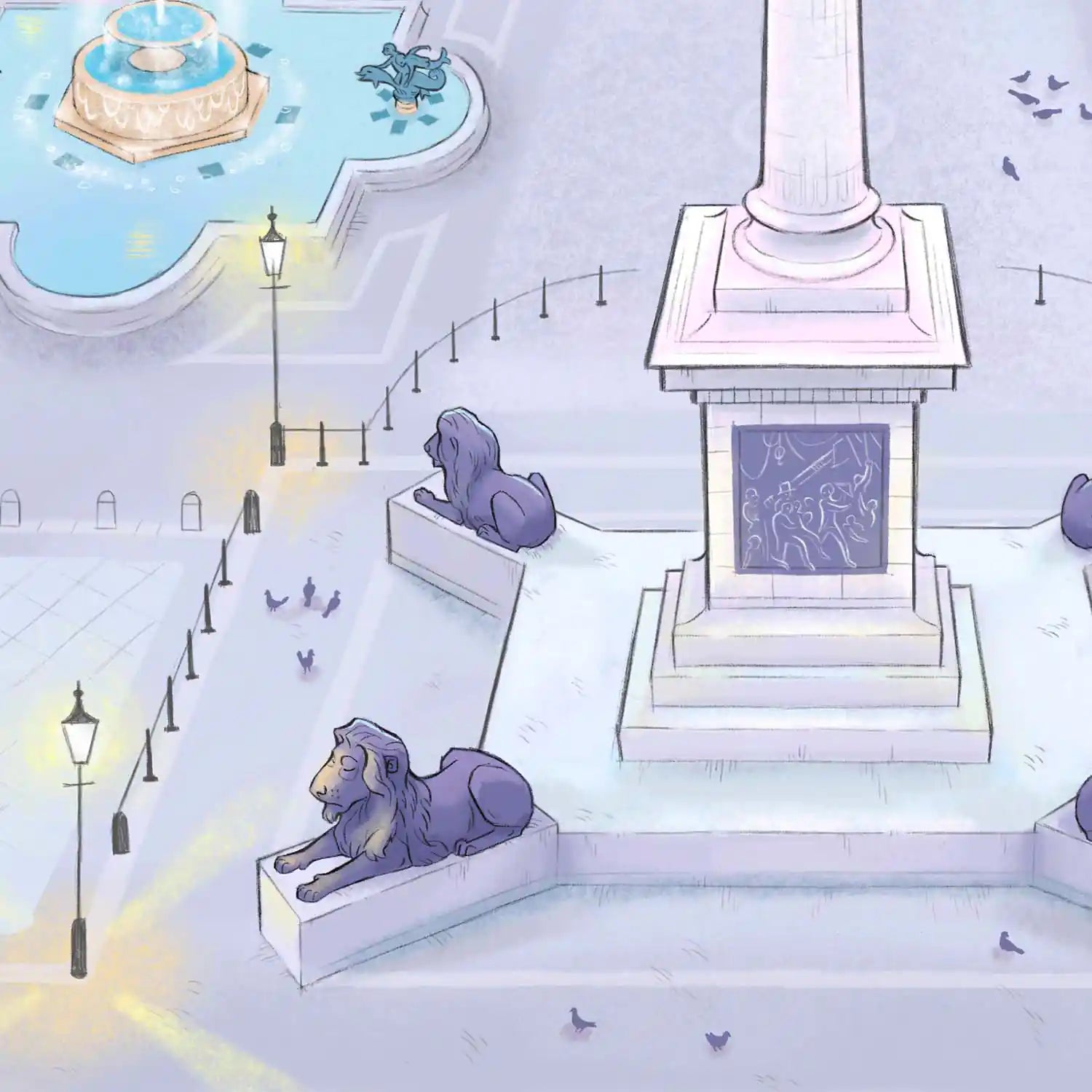 Details of lions from an illustration of London's Trafalgar Square by Mike Green Illustration