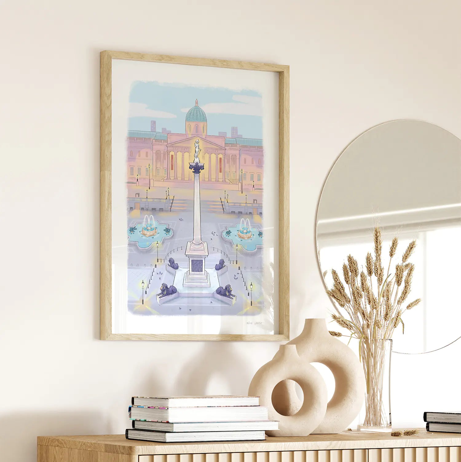 Framed print of an illustration of London's Trafalgar Square by Mike Green Illustration on a wall