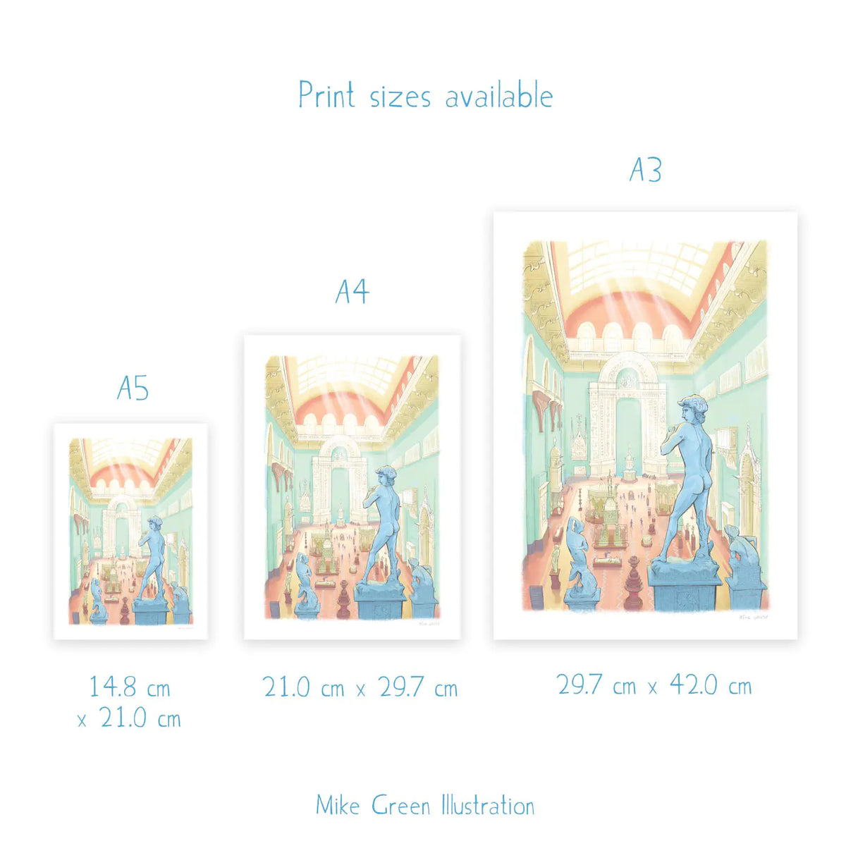 Print size chart showing three art print formats labeled A5, A4, and A3 with dimensions in centimeters. The prints depict a pastel illustration of an interior room with blue statues and warm architectural details