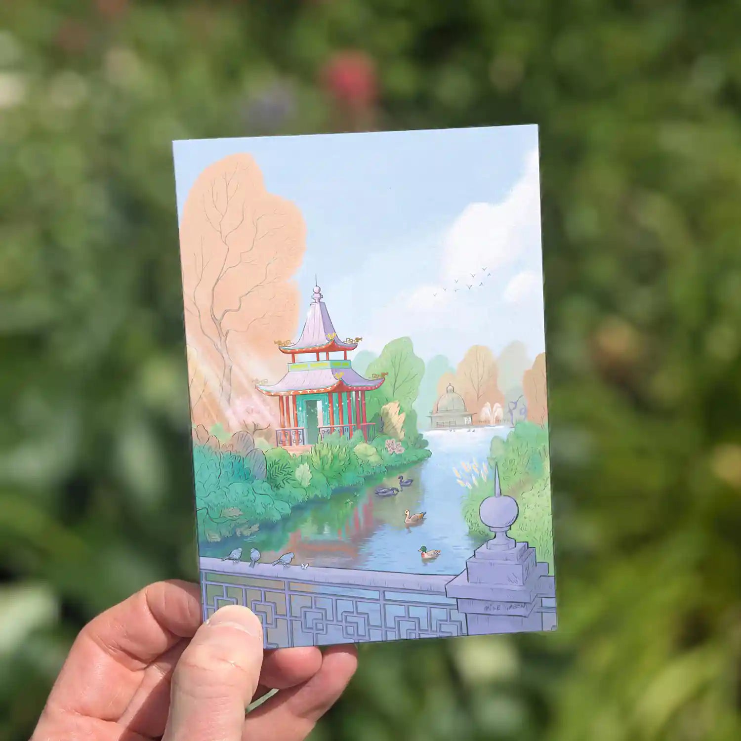Illustration of Chinese Pagoda in Londons Victoria Park on a greetings card