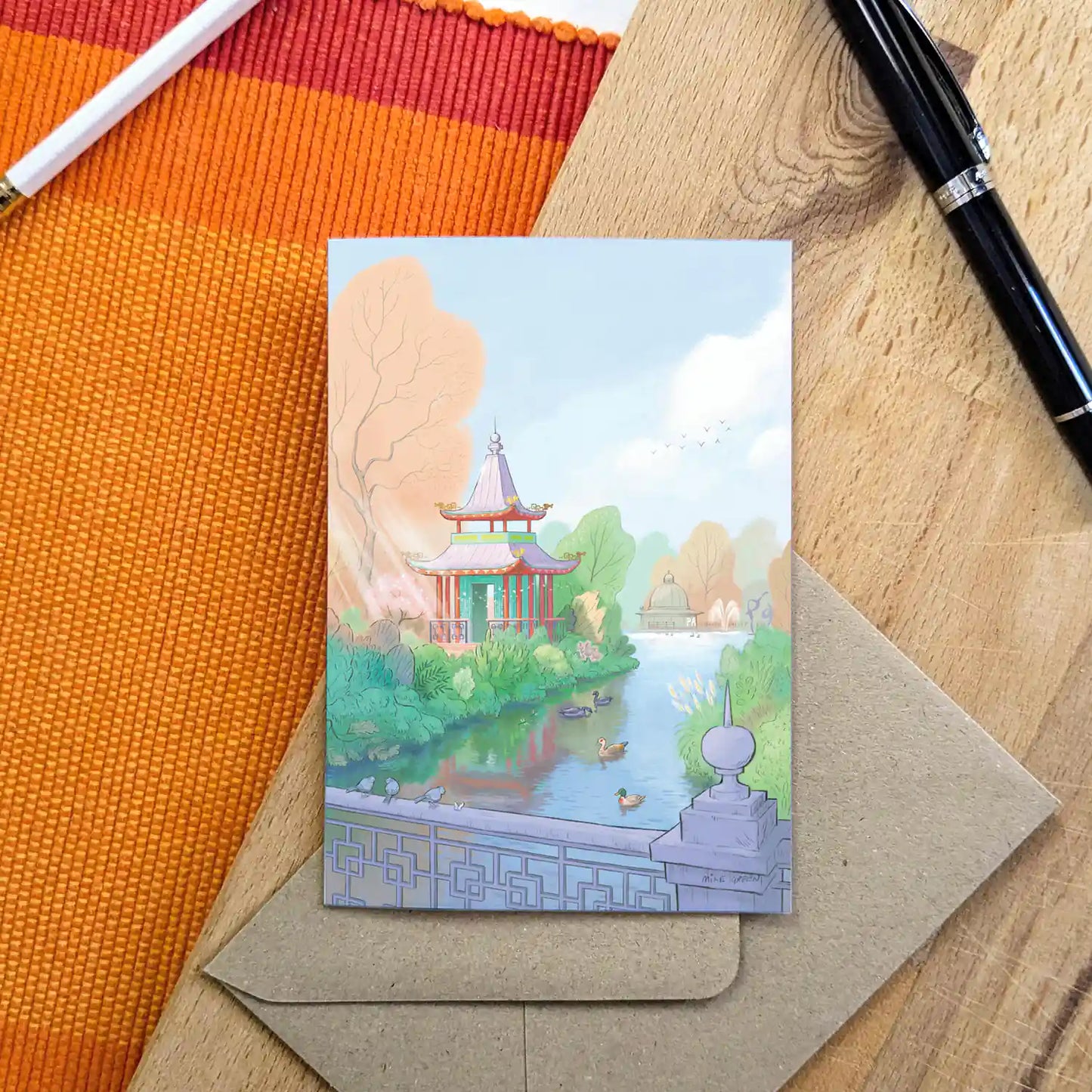 Illustration of Chinese Pagoda in Londons Victoria Park on a greetings card