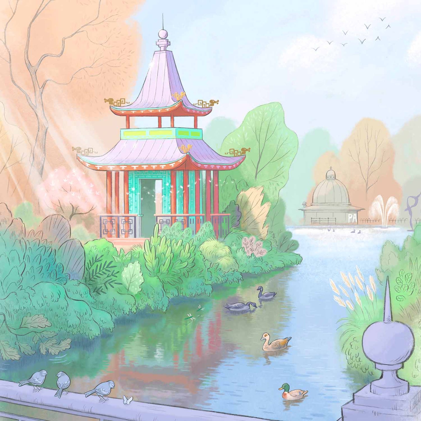 Detail from illustration of London's Victoria Park painted by Mike Green Illustration