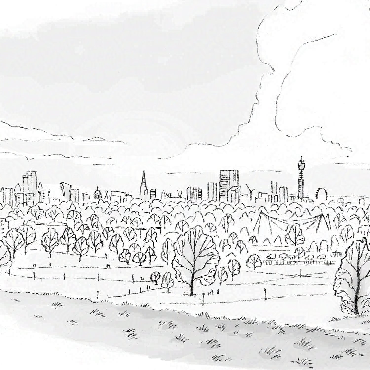 Detail from a print of the view from primrose hill London sketched by Mike Green.