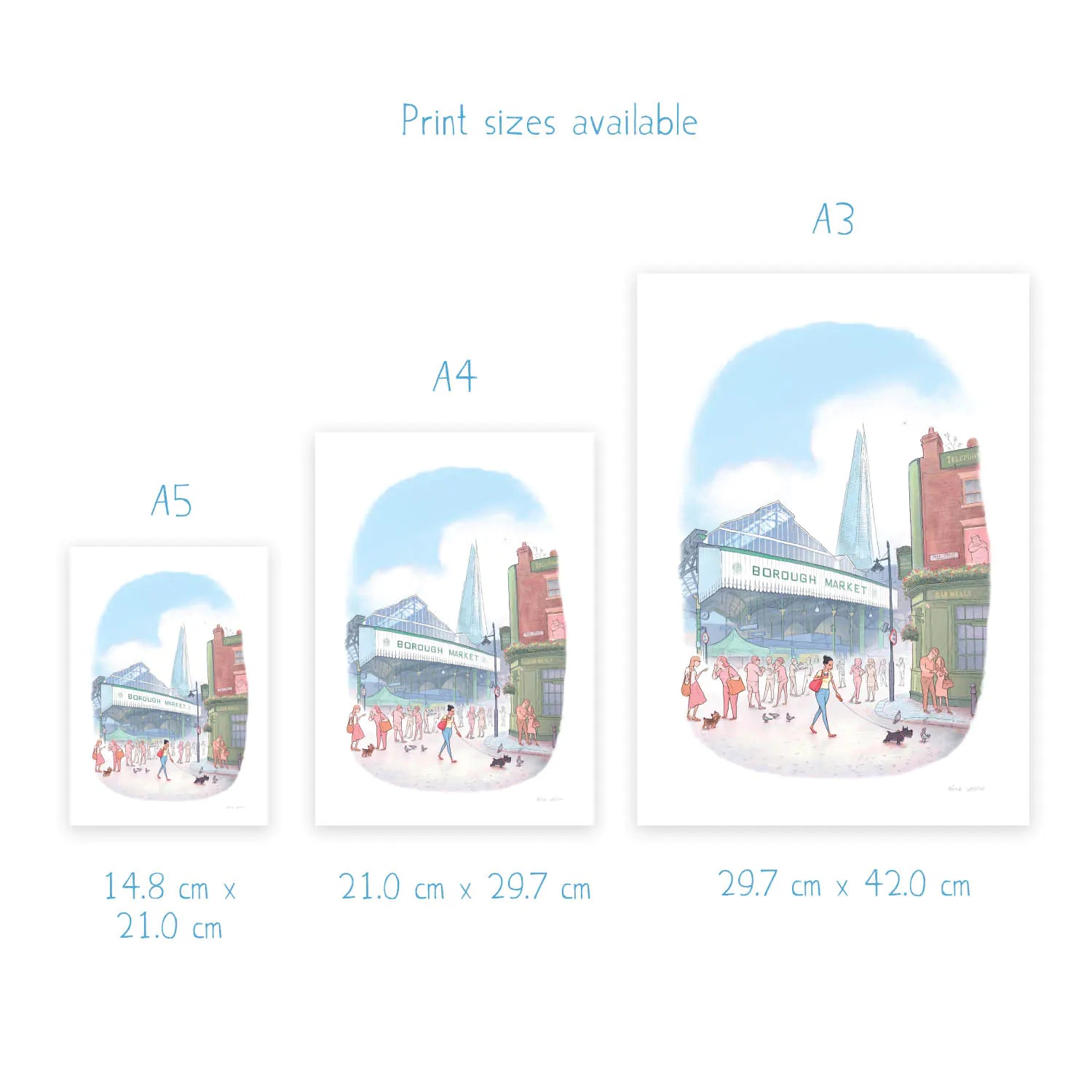 Sizes for a wall art print of a painting of London's borough market