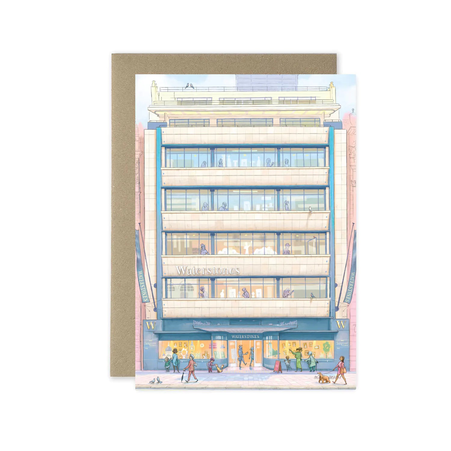 Greetings card of Waterstones Piccadilly bookstore in London with an envelope