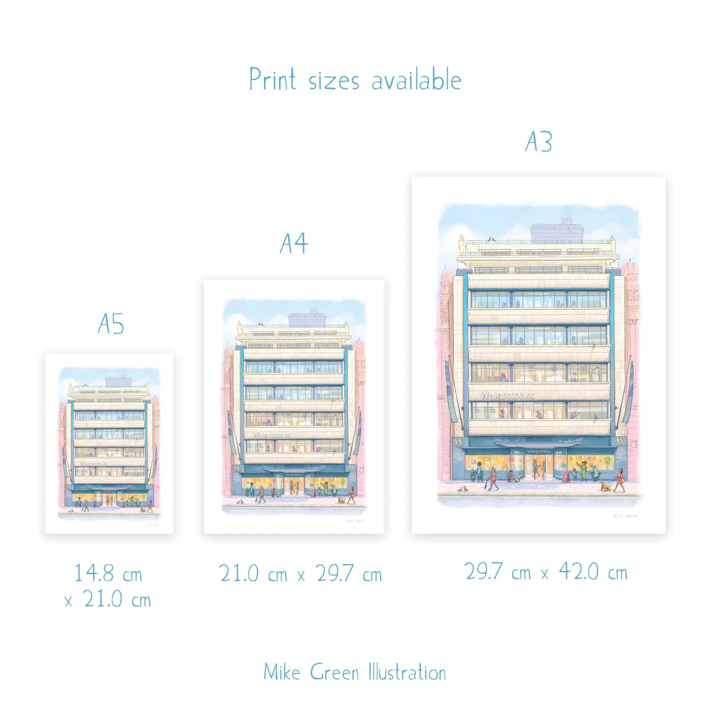 Wall art print sizes for a painting of Waterstones Piccadilly store in London