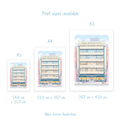 Wall art print sizes for a painting of Waterstones Piccadilly store in London