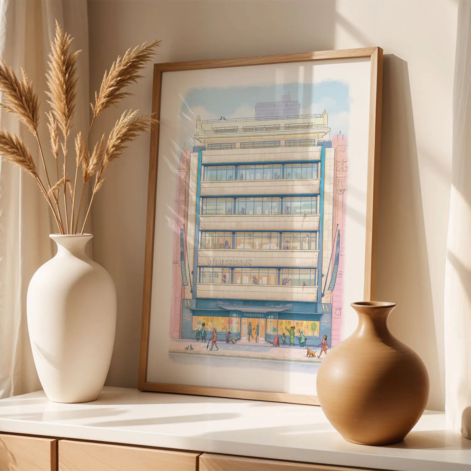 Framed wall art print of Waterstones Piccadilly bookstore in London on a shelf with vases