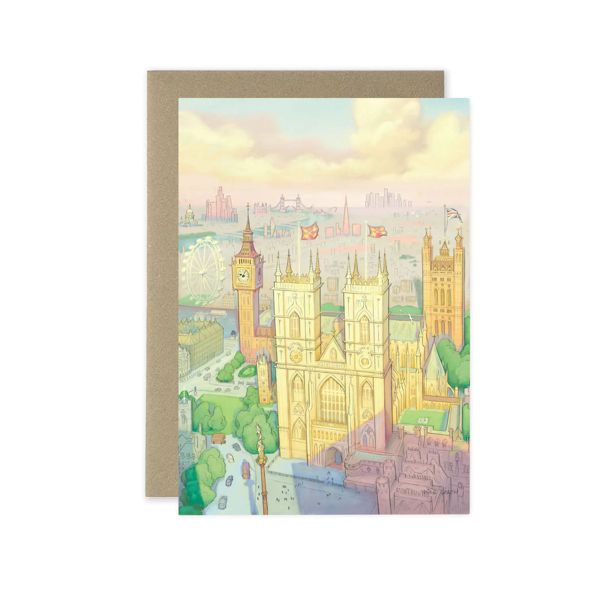 A greetings card featuring a pastel illustration of London landmarks, including Big Ben, Westminster Abbey, and the London Eye, shown with a brown kraft envelope behind it on a white background.