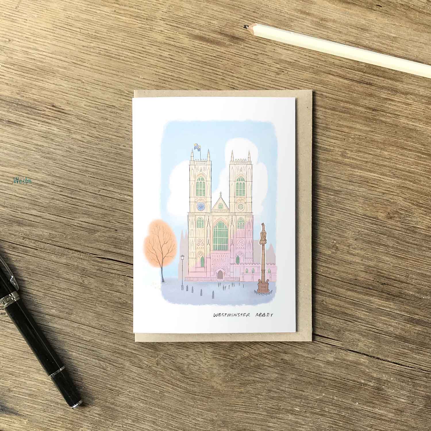 London's Westminster Abbey beautifully illustrated on a greeting card from mike green illustration.