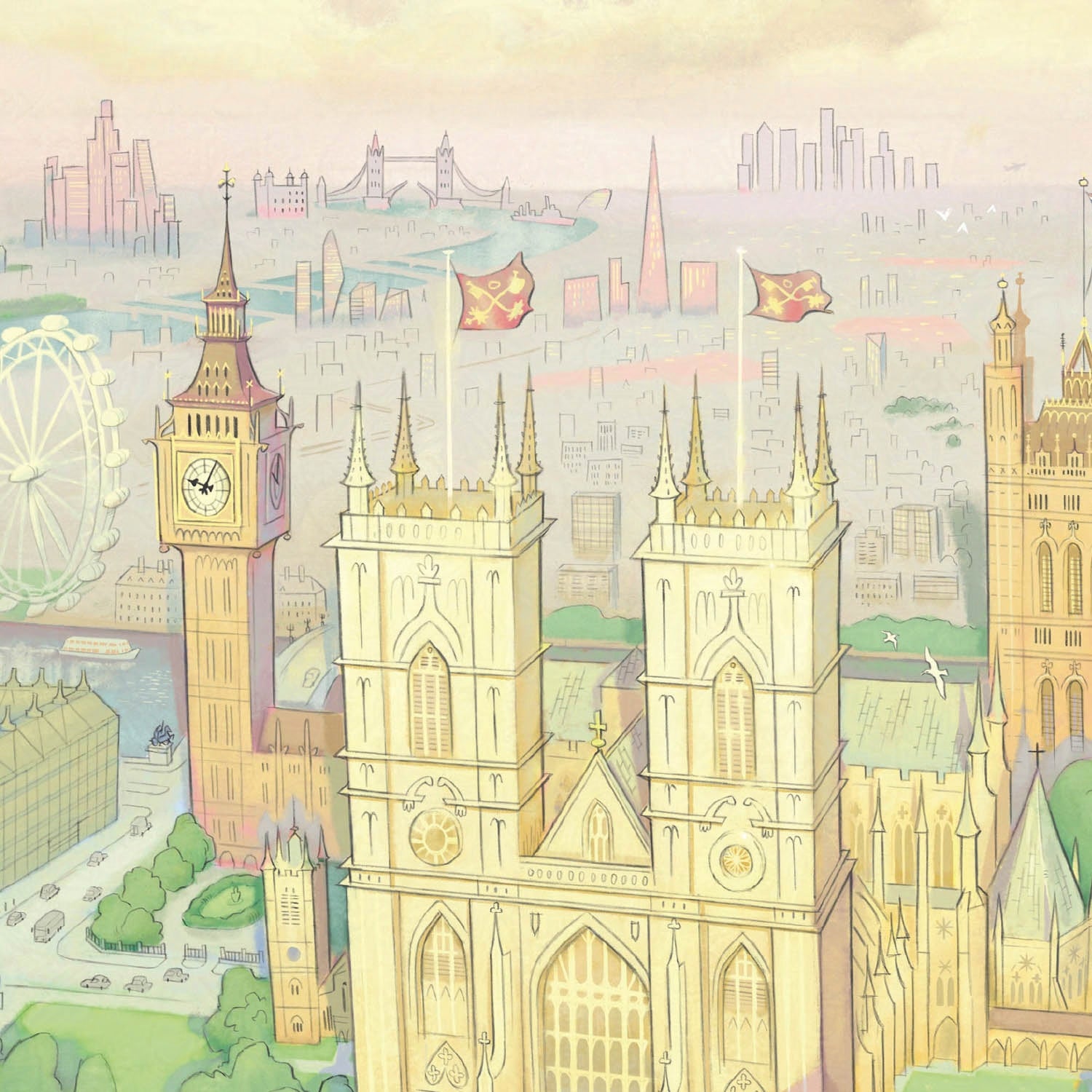 A detail from a pastel-colored illustration of London featuring Big Ben, Westminster Abbey, the London Eye, Tower Bridge, and a hazy city skyline under a soft pastel sky.