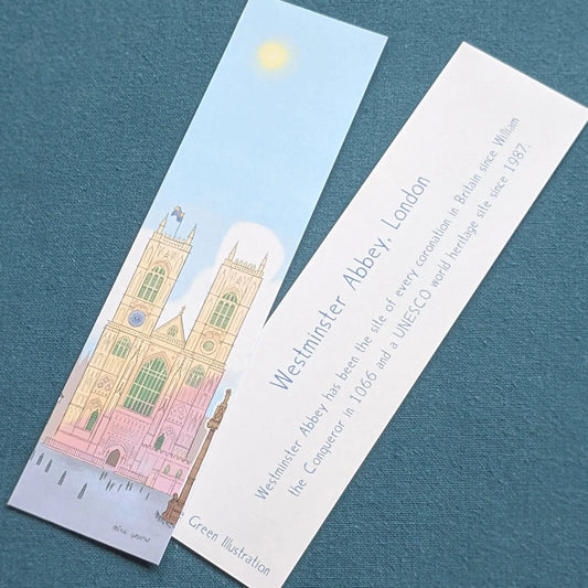 Bookmark with London's Westminster Abbey church illustration on a book