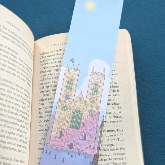 Bookmark with London's Westminster Abbey church illustration on a book