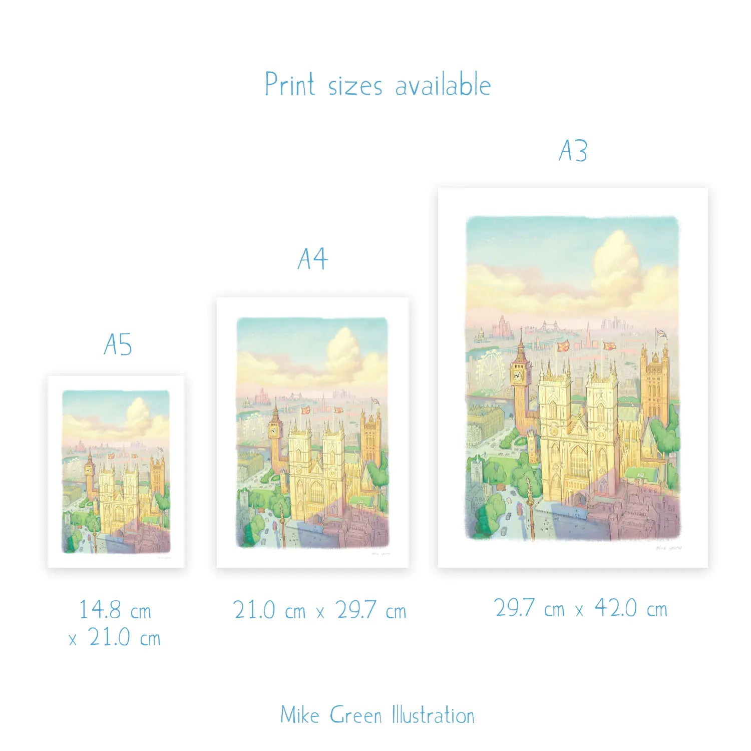 Wall art print sizes for a watercolour style pastel colour painting of Westminster Abbey in London in the sunshine