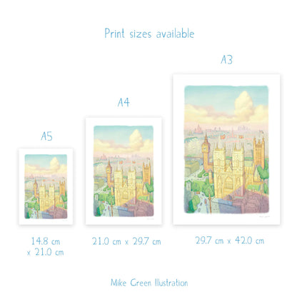 Wall art print sizes for a watercolour style pastel colour painting of Westminster Abbey in London in the sunshine