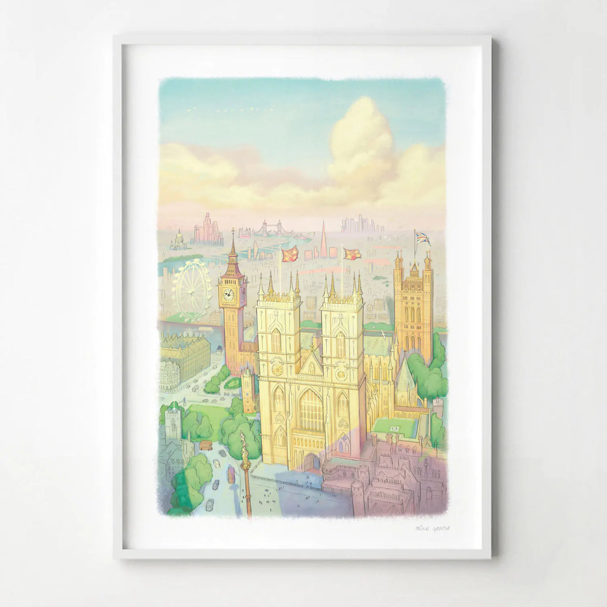 A wall art print of Westminster Abbey in a watercolour illustration style with big ben and the London Eye also shown, displayed in a white frame.