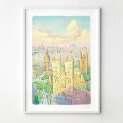 A wall art print of Westminster Abbey in a watercolour illustration style with big ben and the London Eye also shown, displayed in a white frame.