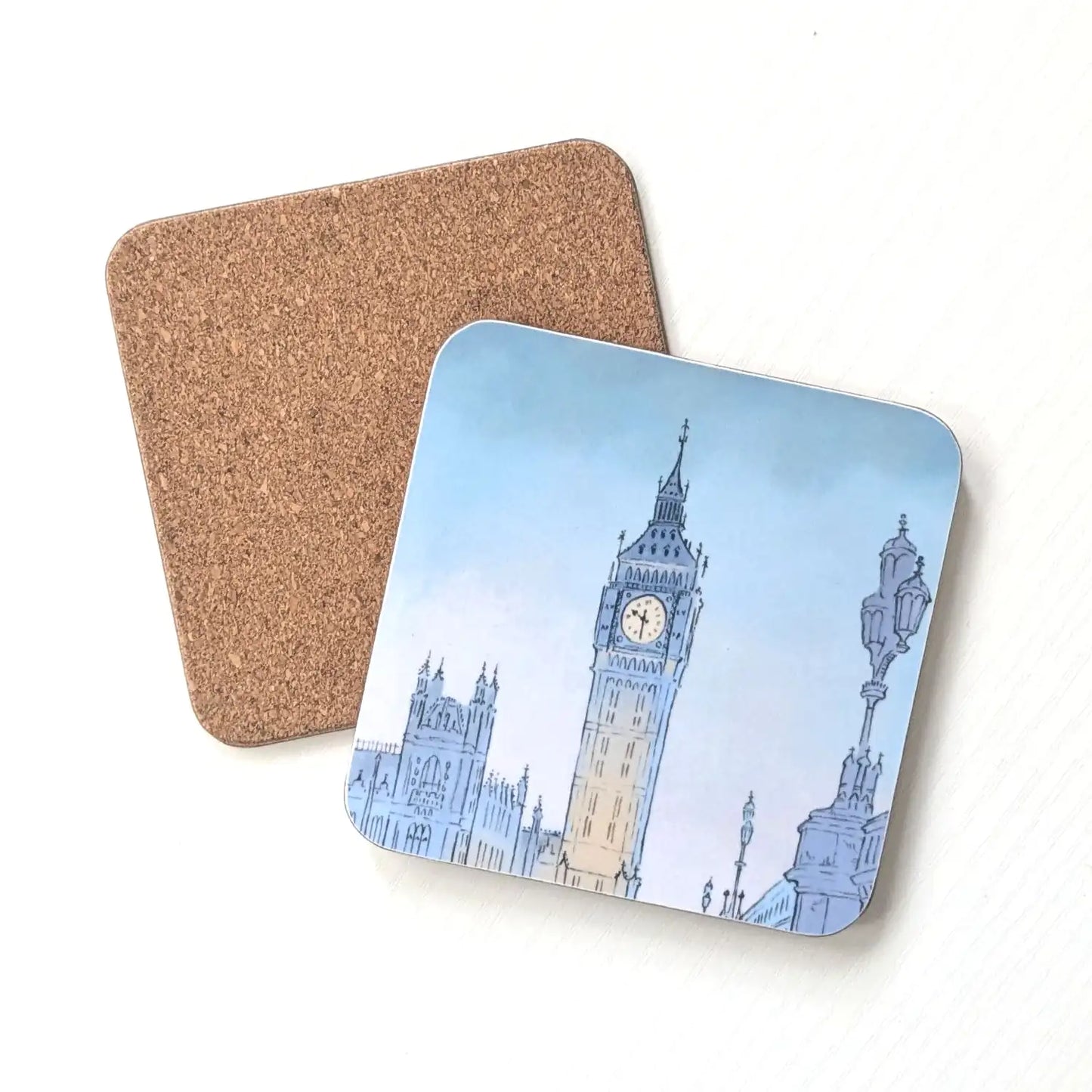 Cork backed square coaster with a painting of London's Big Ben at night on white background