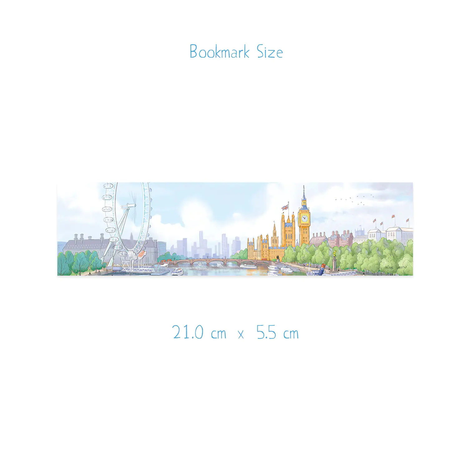 Size dimensions for a bookmark of Westminster's Big Ben and the London Eye on the Thames in London