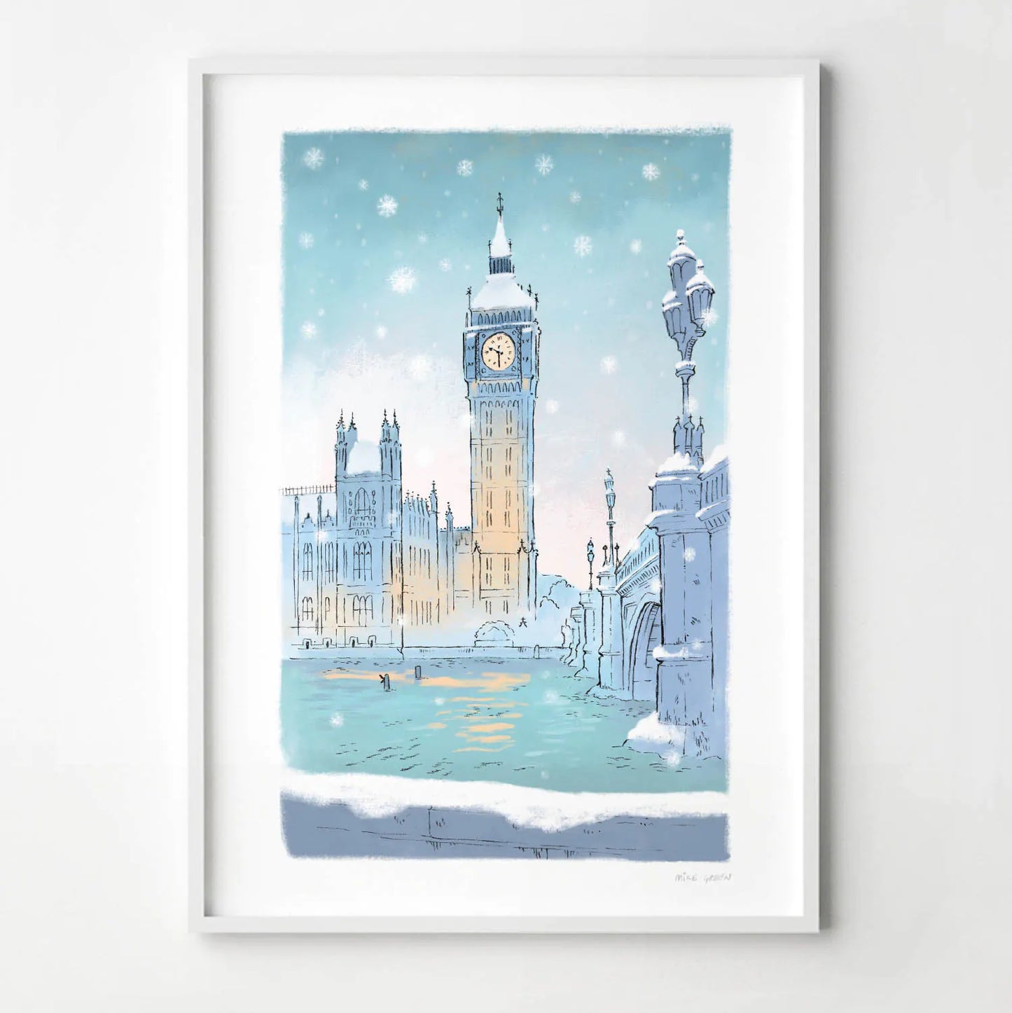 Wall art print of London's Big Ben in the snow in the early evening at Christmas