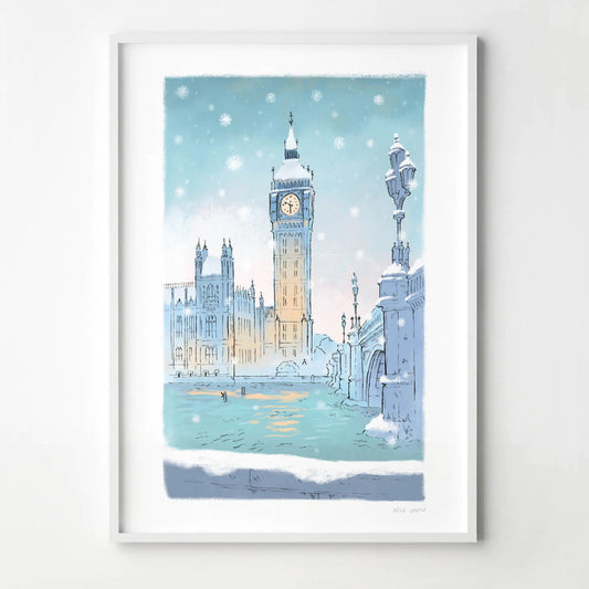 Wall art print of London's Big Ben in the snow in the early evening at Christmas