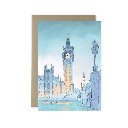 London's big ben at twilight beautifully illustrated on a greetings card by mike green illustration.