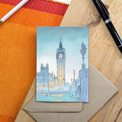 London's big ben at twilight beautifully illustrated on a greetings card by mike green illustration.