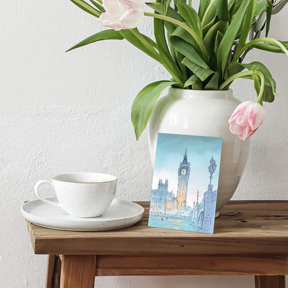 London's big ben at twilight beautifully illustrated on a greetings card by mike green illustration.