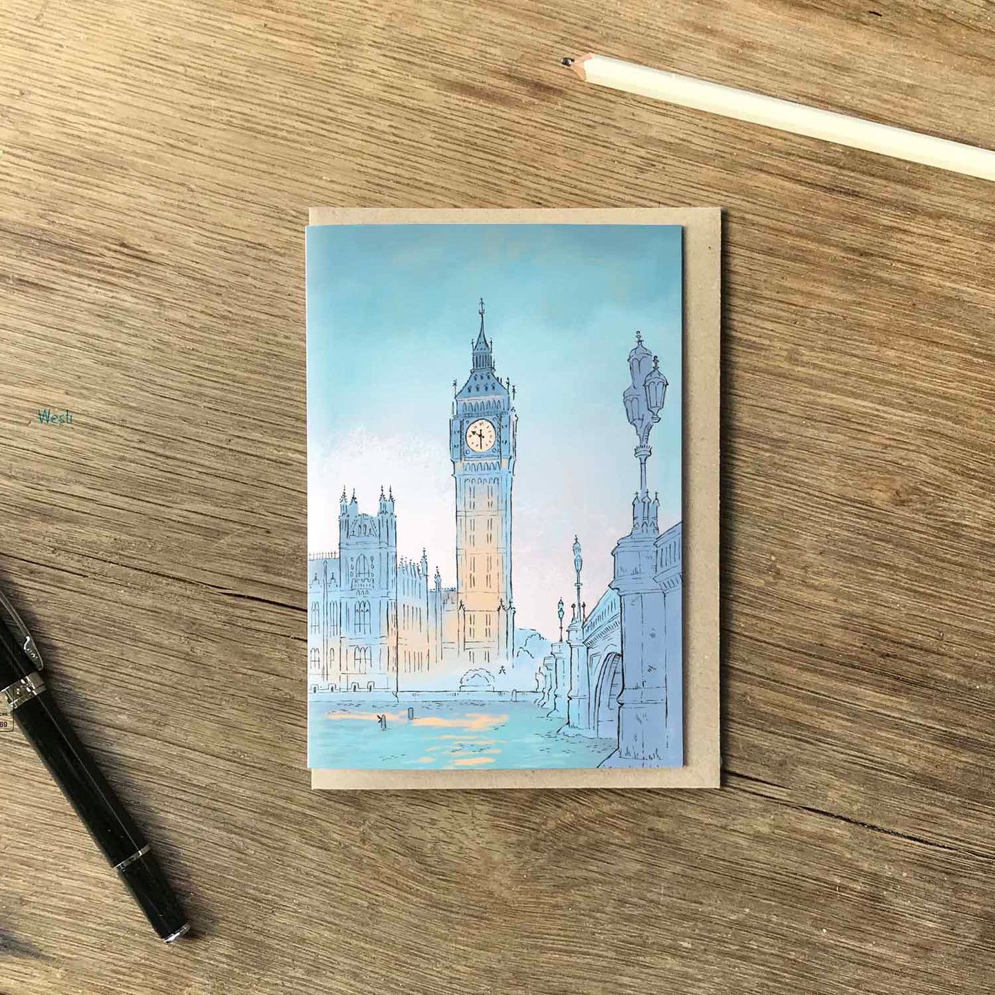 London's big ben at twilight beautifully illustrated on a greeting card by mike green illustration.