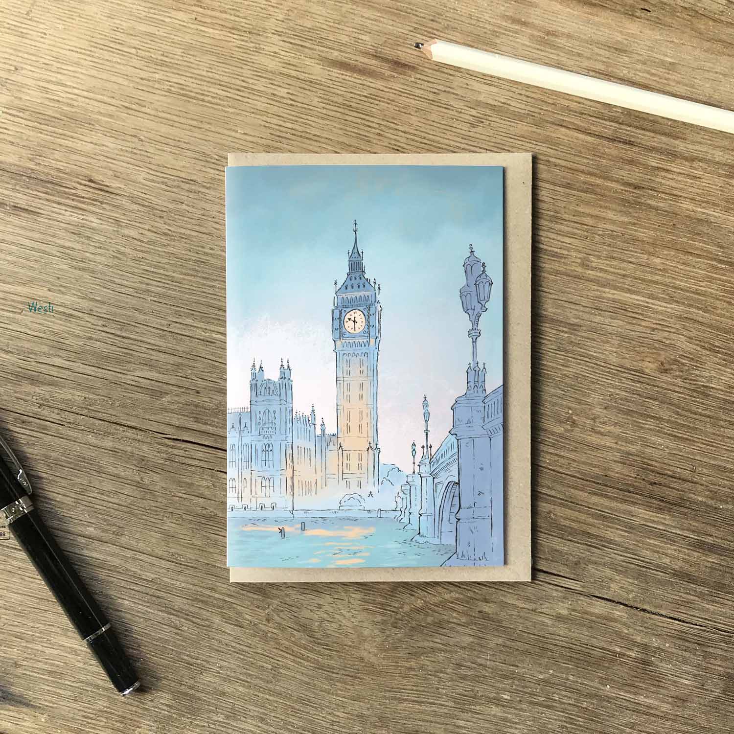 London's big ben at twilight beautifully illustrated on a greeting card by mike green illustration.