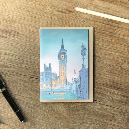 London's big ben at twilight beautifully illustrated on a greetings card by mike green illustration.