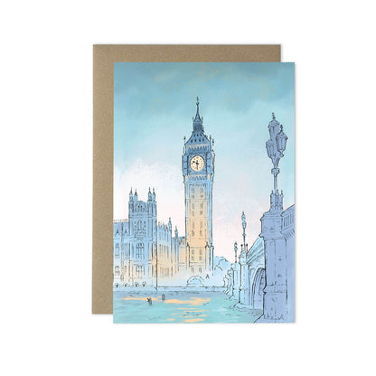 London's big ben at twilight beautifully illustrated on a greetings card by mike green illustration.