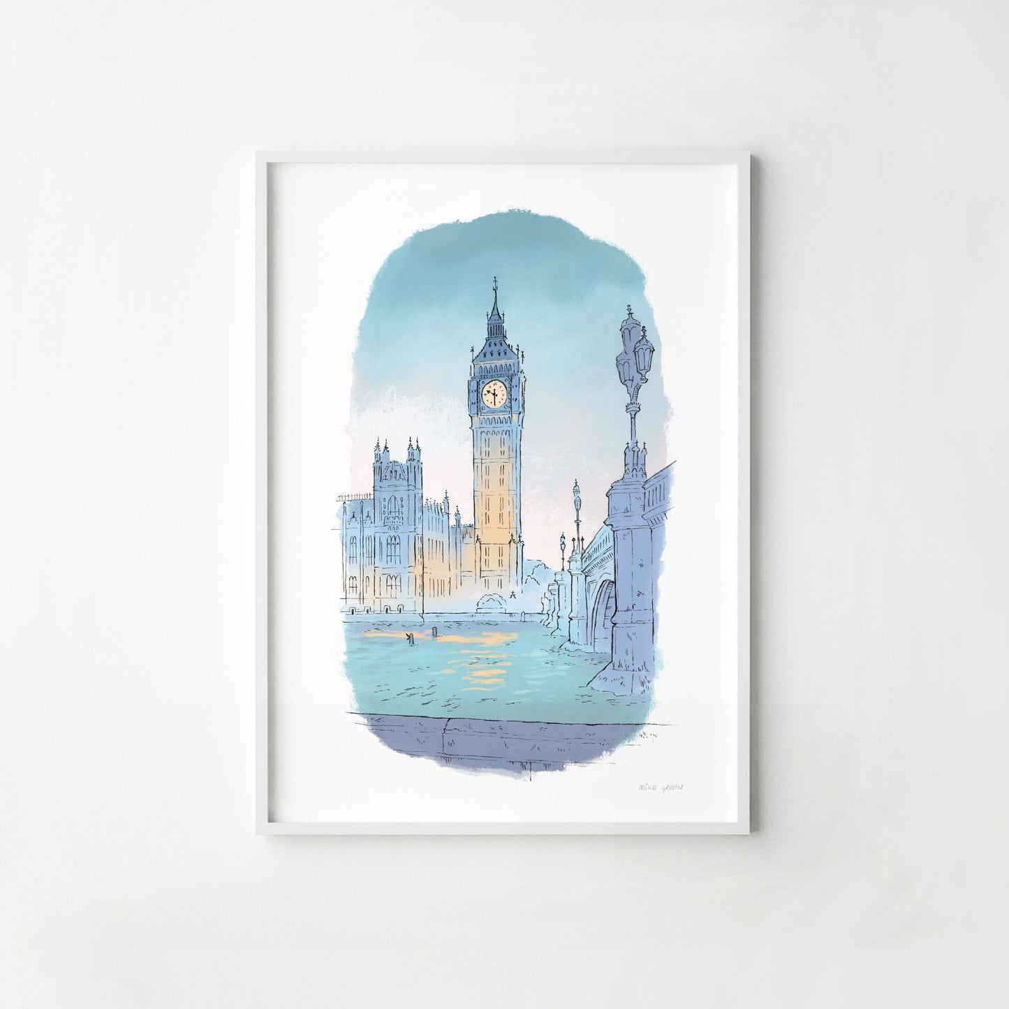 A print of London's big ben at twilight beautifully illustrated by mike green illustration.