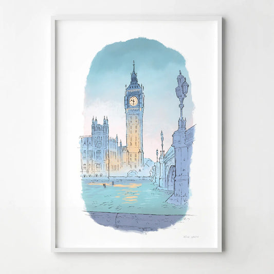 Detail from a print of London's big ben at twilight beautifully illustrated by mike green illustration.