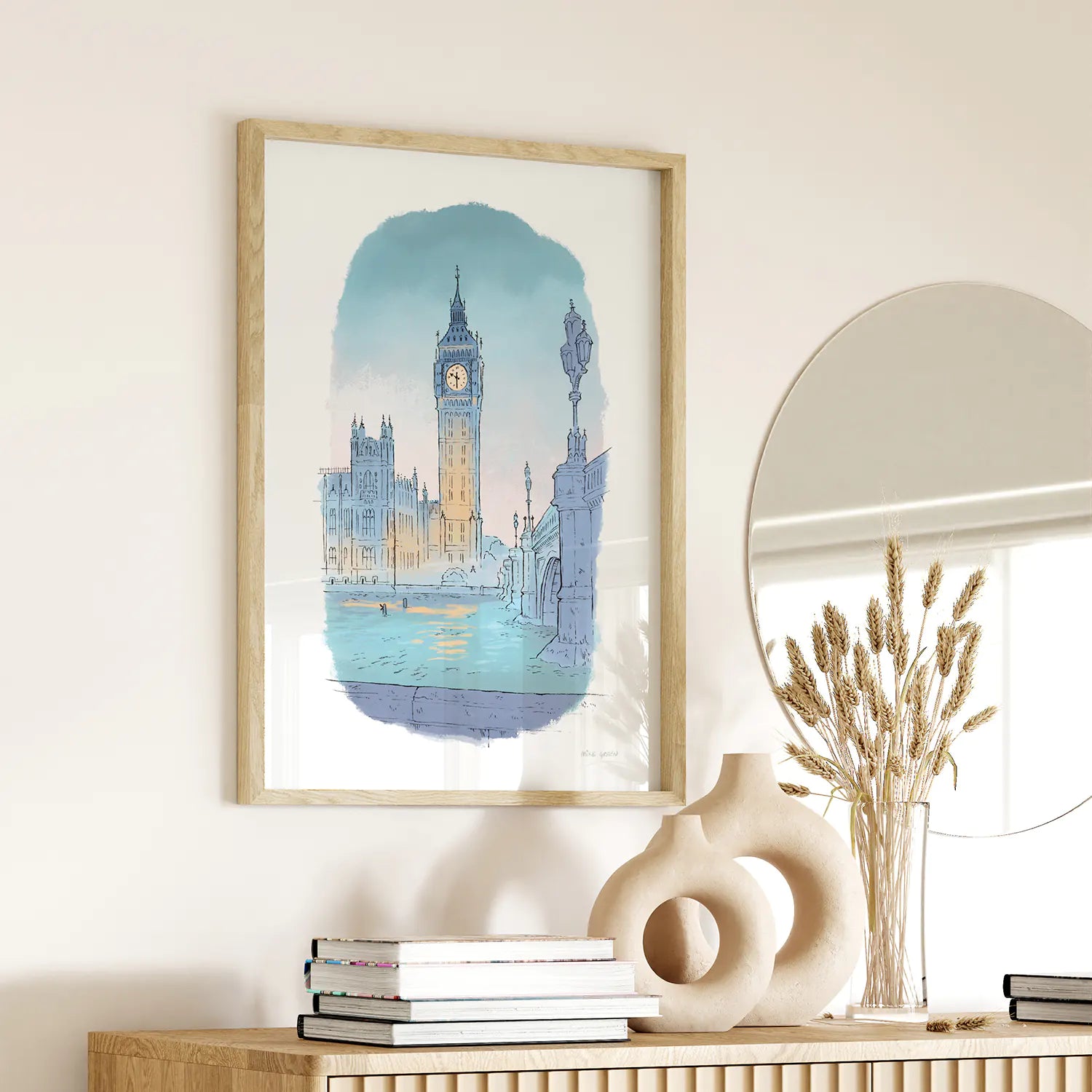 Detail from a print of London's big ben at twilight beautifully illustrated by mike green illustration.