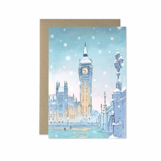 Westminsters Big Ben in the snow beautifully illustrated on a greeting card by mike green illustration.